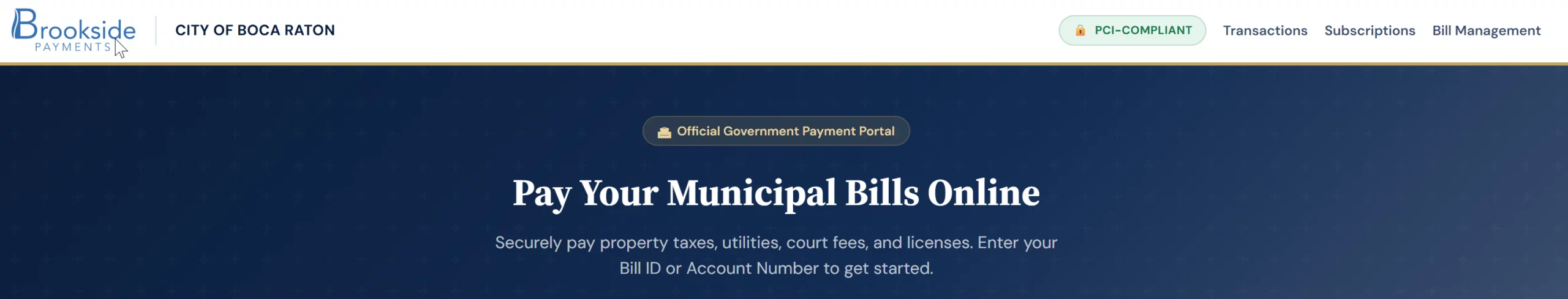 Brookside Payments municipal bill-pay portal header — pay real estate taxes, utilities, court fees, and licenses online