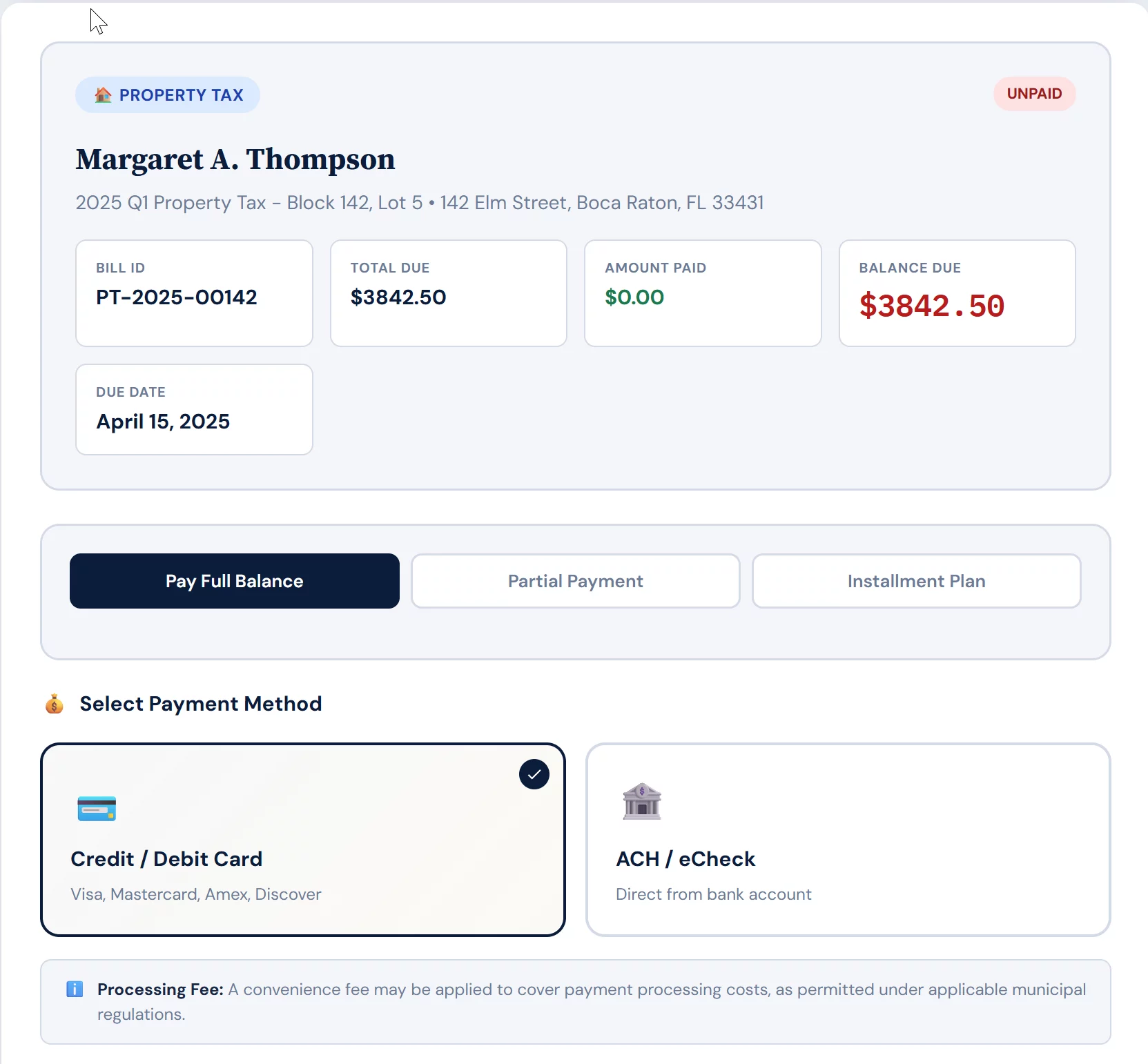 A real estate tax bill in the Brookside Payments demo portal showing the current balance, payment methods, and the convenience-fee notice