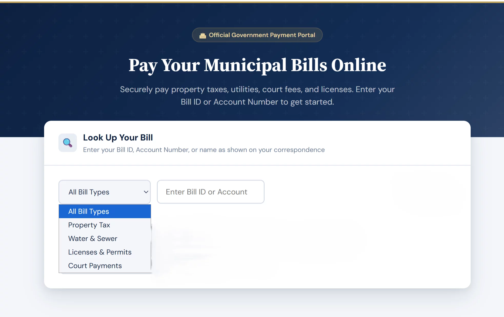 Government payment portal screen with a dropdown to select property tax, water and sewer, licenses, or court payments