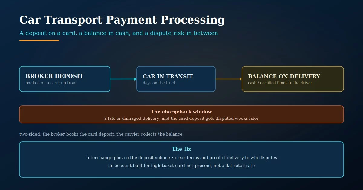 Car transport payment processing: a deposit booked on a card up front, the balance paid in cash on delivery, the chargeback window when a move runs late, and the interchange-plus fix