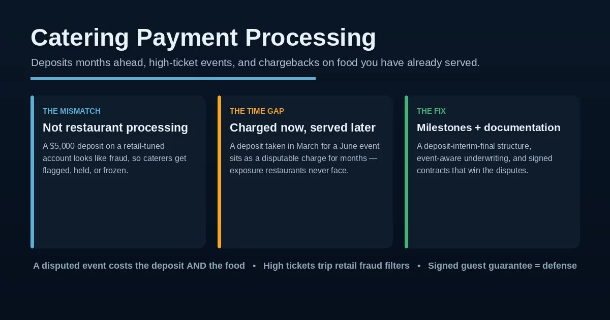 Catering payment processing explained: the restaurant-account mismatch, the future-delivery chargeback gap, and the milestone-plus-documentation fix
