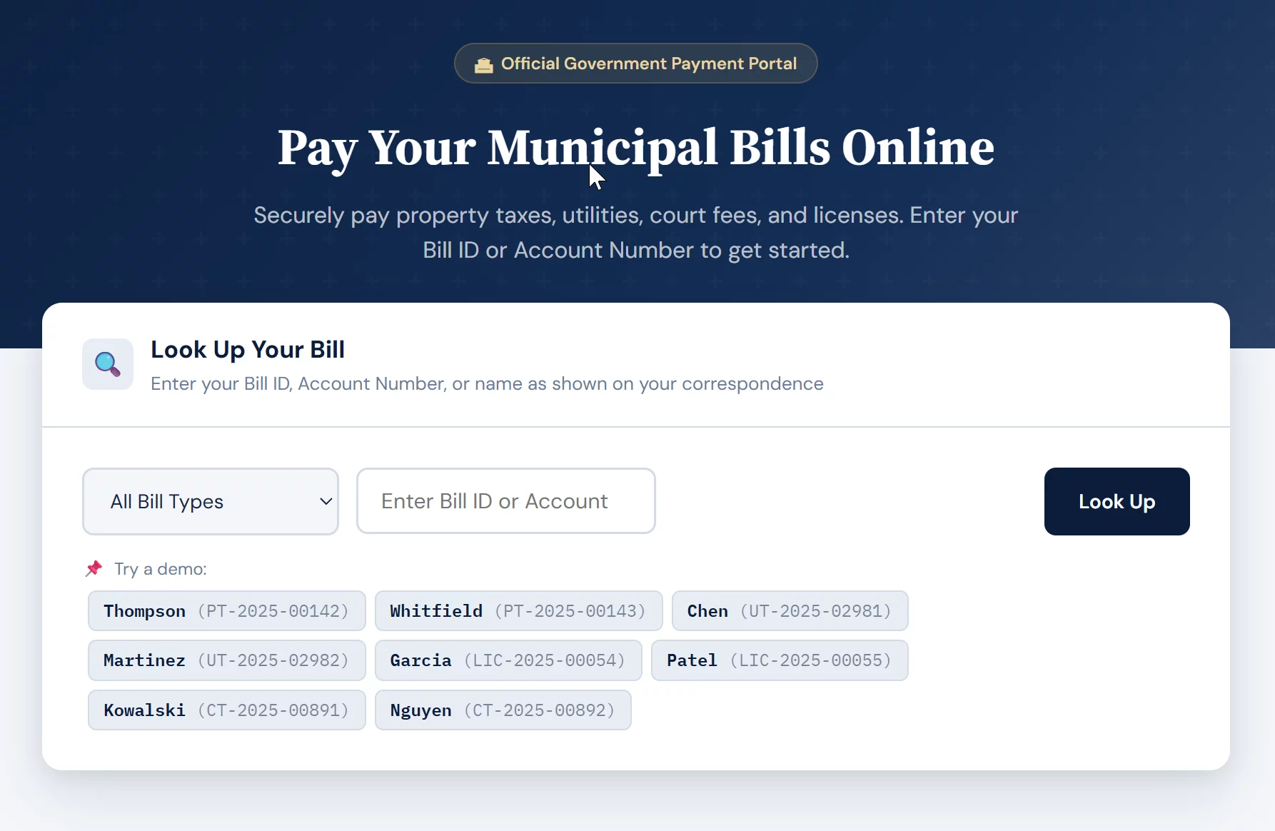 Electronic bill presentment portal showing a tax bill lookup and online payment screen