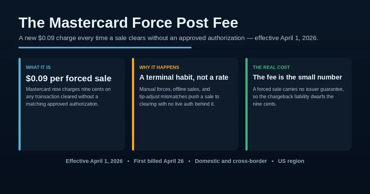 The Mastercard force post fee explained: a new $0.09 charge on any sale cleared without an approved authorization, effective April 1, 2026
