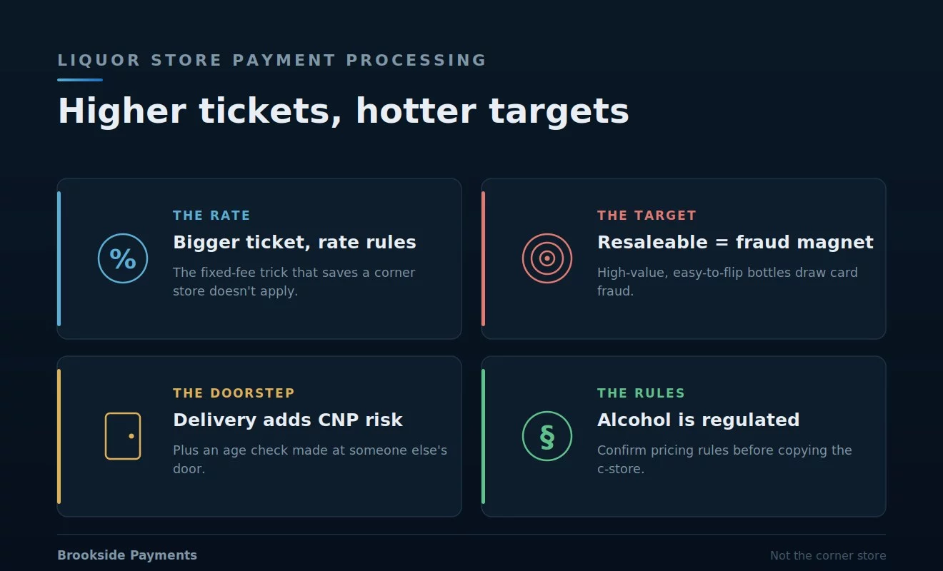 Liquor store payment processing: how the bigger ticket puts the percentage rate back in charge, high-value resaleable inventory invites card fraud and chargebacks, delivery and online orders add card-not-present risk plus a doorstep age check, and alcohol pricing is regulated at the state level