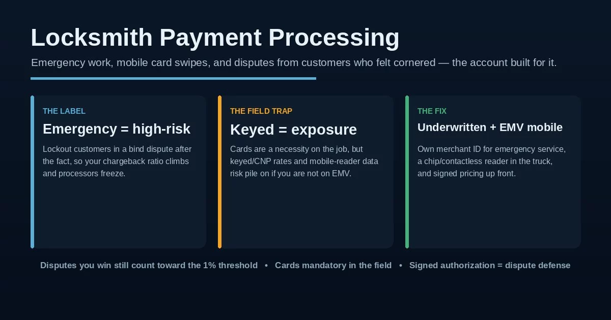 Locksmith payment processing explained: the emergency-service high-risk label, the keyed-in-the-field trap, and an underwritten EMV-mobile account