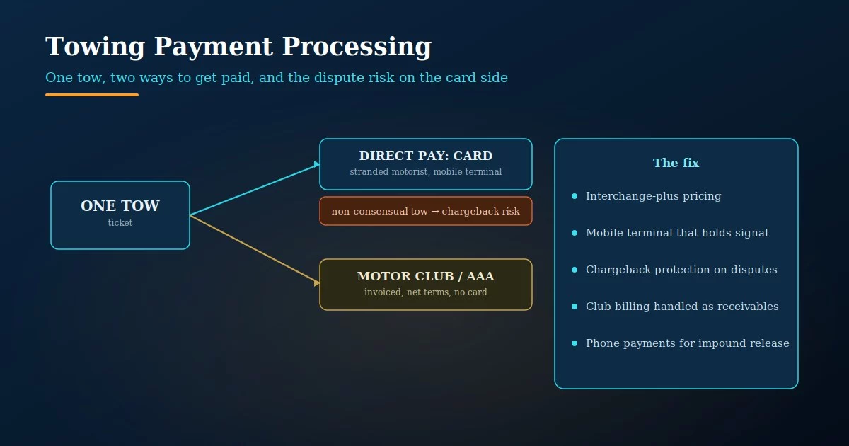 Towing payment processing: one tow split into a card payment at the roadside and invoiced motor-club billing, the chargeback risk on disputed tows, and the interchange-plus fix
