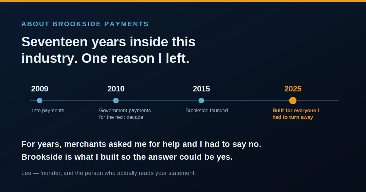About Brookside Payments: seventeen years in payment processing, from government payments in 2010 to founding Brookside